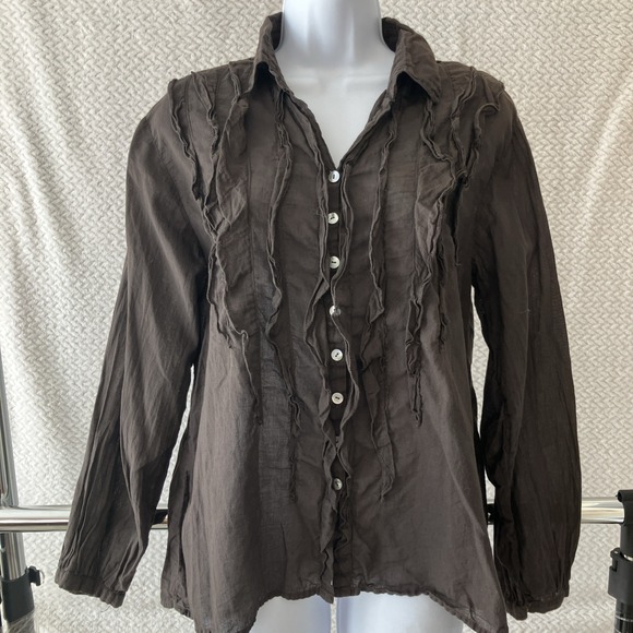 Jp And Mattie Tops - Sundance JP And Mattie Teal Pintuck Blouse Small Brown Ruffle Boho Lagenlook